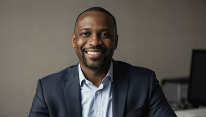 A confident man dressed in a suit and shirt sits at a desk in a contemporary office, displaying a warm smile. The atmosphere is bright and inviting, reflecting professionalism
