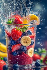 Refreshing summer smoothie with strawberries, blueberries, raspberries, and banana slices in a glass with splashing water. Vibrant drink photography symbolizing freshness, energy, and delicious health