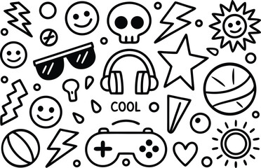 Cool doodle seamless pattern with skull headphones game controller smiley faces sunglasses stars basketball hearts and fun symbols in black and white line art 
