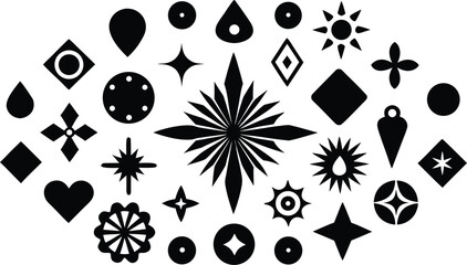 Fototapeta premium Vector art of an assortment of black abstract geometric shapes and symbols on a, featuring stars, flowers, hearts, and diamonds