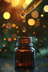 Glass dropper with golden essential oil falling into amber bottle, symbolizing natural cosmetics, herbal remedies, and holistic wellness. Perfect for organic skincare, aromatherapy, and eco lifestyle 