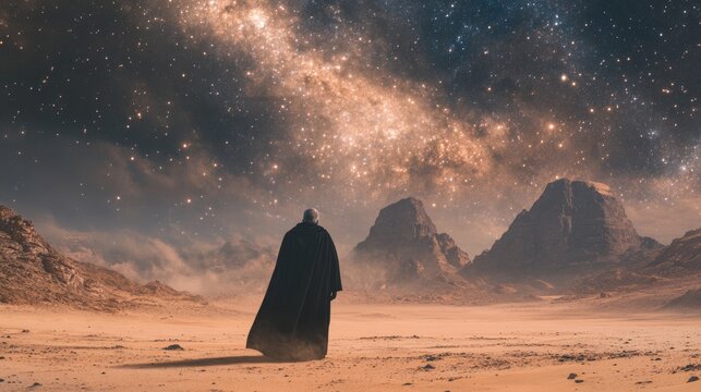 A dramatic night landscape of the desert sky, filled with stars, serves as the backdrop for Abraham's contemplation of a divine promise, evoking a strong emotional and spiritual connection