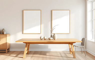 A Scandinavian light pine dining table, two ISO A poster mockups in thin oak frames above, styled with ceramic vases and neutral tones.