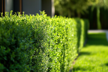 Eco-friendly green hedge along a modern house, symbolizing sustainable landscaping, harmony with nature, and outdoor wellness. Perfect for visuals related to eco lifestyle, home gardening, and natural