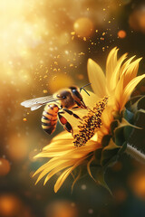 Macro image of bees on honeycomb, symbolizing beekeeping, honey production, and ecological balance. Perfect concept for organic farming, pollination, sustainability, and natural food visuals