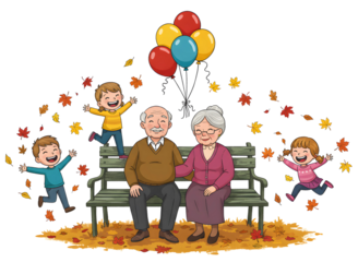 Happy grandparents sitting on a bench with cheerful children and balloons isolated on transparent background