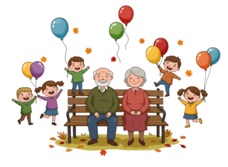 Happy grandparents sitting on a bench surrounded by cheerful children and balloons isolated on transparent background