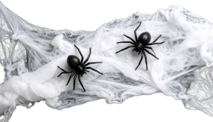 Black spider with creepy hairs on a web isolated on white background