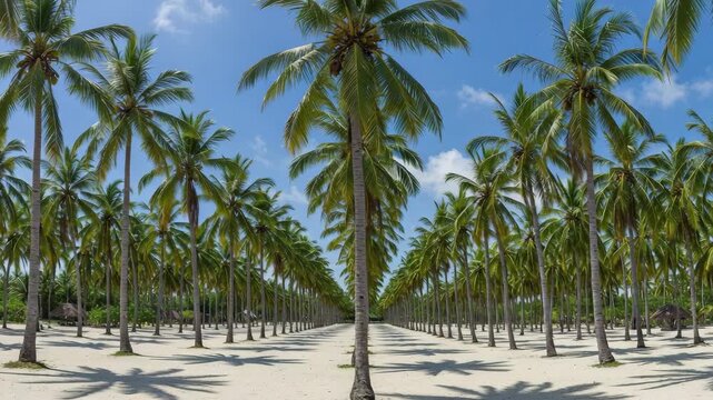 Palm Tree Forest Panorama with Sandy Ground and Blue Sky