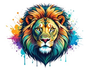 Vibrant lion portrait with colorful splashes