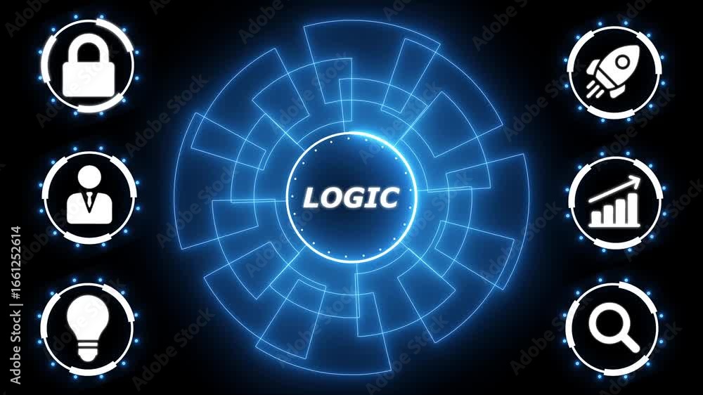 Aufkleber digital logic hub futuristic interface with icons for security growth idea search and business succe