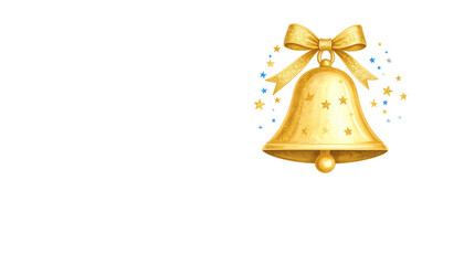 Golden Christmas bells with ribbon and red bow, festive holiday decoration on white background