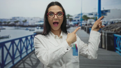 Hispanic woman scientist in uniform, surprised and pointing beside a seaside promenade under cloudy...