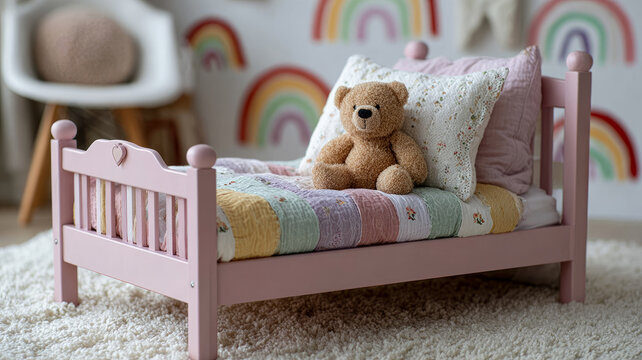 Cozy children's room with teddy bear on pink bed and rainbow decor