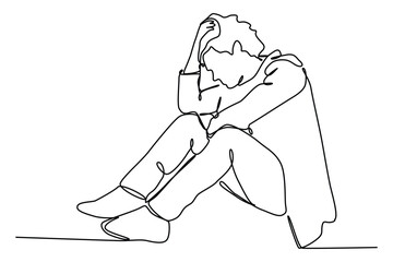 Continuous one line art of sad man sitting alone. Single line drawing illustration of thinking man. Doodle line illustration. 