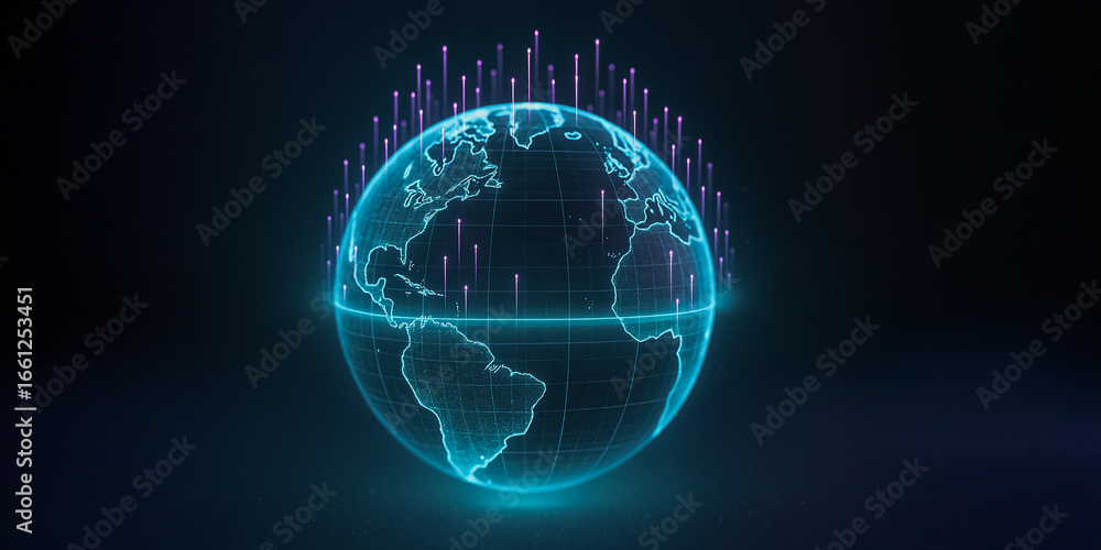 Poster global data visualization: a futuristic, low-angle perspective showcases a neon-lit digital globe, e