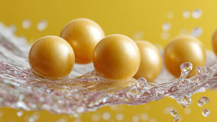 Golden pearls splashing in water on a yellow background.