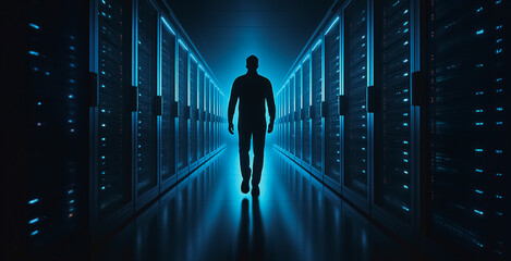 Digital Pathway: A solitary silhouette confidently strides through a technologically advanced server room, illuminated by a cool, azure glow. This image captures themes of data, security.