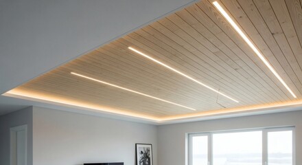 Simple ceiling design for a bedroom featuring sleek light pine wood panels and integrated linear LED lighting, creating a modern, warm, and inviting interior.
