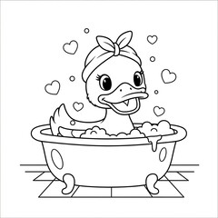 Duck bathtub bubbles hearts lineart coloring page