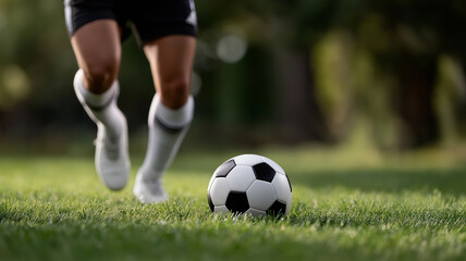 Close-up of soccer player&rsquo;s legs controlling ball on vibrant grass field, fast-paced movement captured mid-action, realistic outdoor sports environment perfect for football advertising and training vi