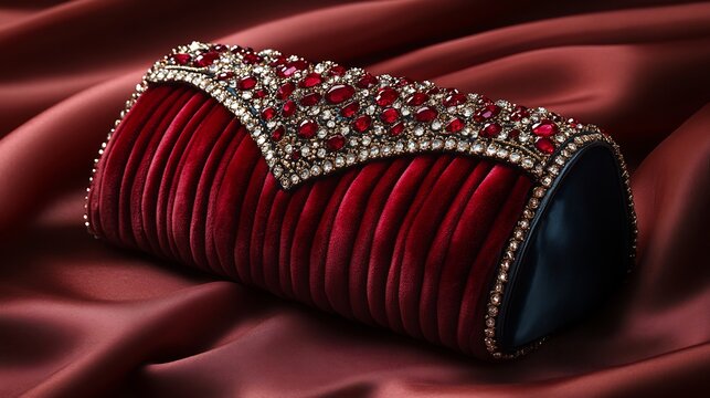 Luxurious velvet clutch handbag with jeweled details placed on a satin fabric with evening accessories perfect for glamorous events and parties