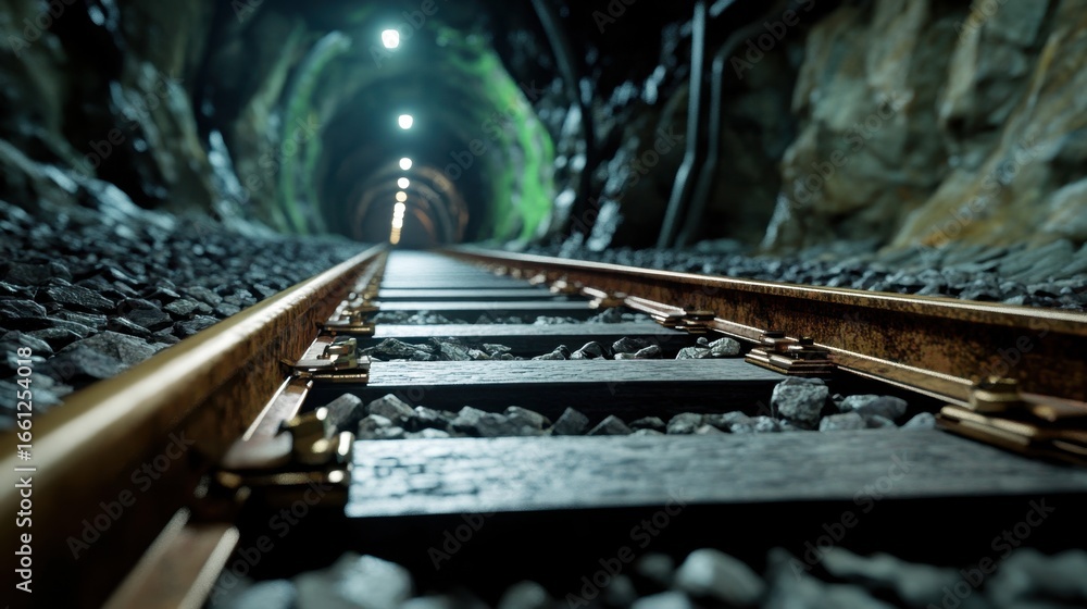 Poster deep view into a dark railroad tunnel, tracks disappearing into the vanishing point with moody light