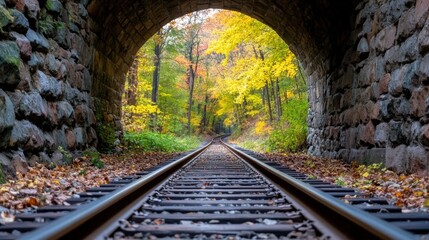 Deep view into a dark railroad tunnel, tracks disappearing into the vanishing point with moody lighting