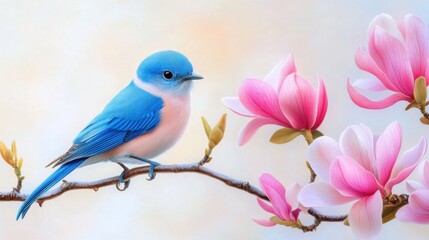 Delicate blue bird resting on a branch with vibrant pink magnolias, soft spring colors