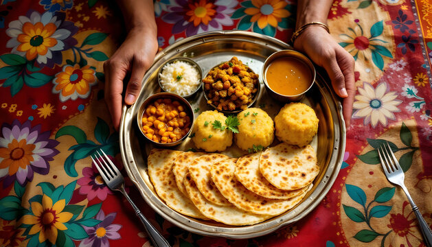 Overhead shot of a brass plate filled with luchi, cholar dal, aloo dum, and payesh, arranged on a vibrant, hand-painted