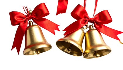 Golden Christmas bells with ribbon and red bow, festive holiday decoration on white background