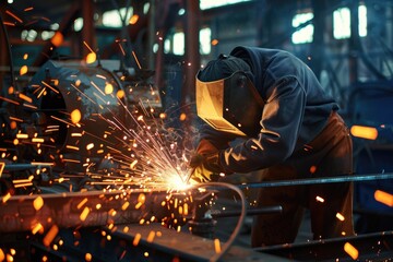 A technician male make welds metal in factory