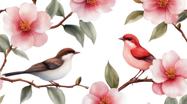 Delicate garden bird illustrations among pink camellia flowers in repeating spring watercolor