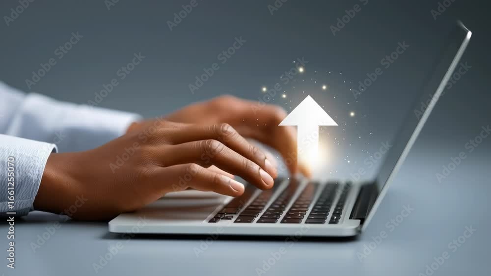 Aufkleber hands actively typing on laptop with a large arrow overlay suggesting upward progress. clean grey ba