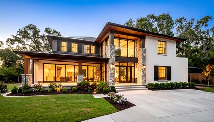 Modern home at twilight.  Exterior view