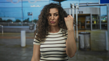 Hispanic woman touches curly hair at airport departure gate while looking down with subtle frown; quiet contemplation.