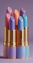 Fototapeta premium Colorful lipstick collection on a mauve background