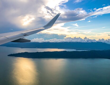 Aerial view of lake and mountains from airplane window at sunset - Powered by Adobe