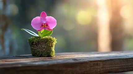 Delicate pink orchid blooms from a moss-covered pot on a rustic wooden shelf near soft morning light