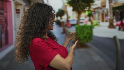 Young hispanic woman with curly hair and red glasses spreads arms on a busy street scene; confidence.