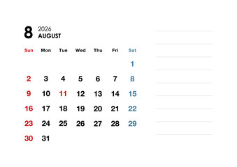 2026年8月カレンダー　メモ付き