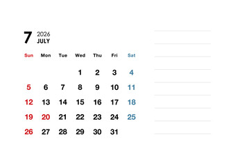 2026年7月カレンダー　メモ付き
