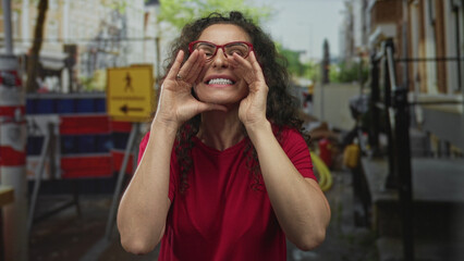 Woman wearing glasses in red shirt shouts with hands cupped around mouth at building site outdoors;...