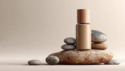 Beige bottle on rocks, minimalist aesthetic