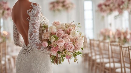 The bride holding a stunning bouquet of pastel roses in an elegant venue.