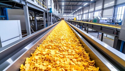 Potato chips factory conveyor line, industrial snack production, automated process, large-scale manufacturing, modern food processing facility.