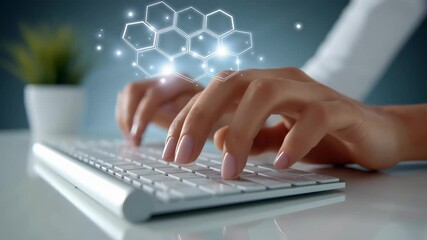 Hands typing on white keyboard with floating hexagonal elements above. Clean workspace with soft lighting and plant. Concept of technology, innovation, digital marketing - Powered by Adobe