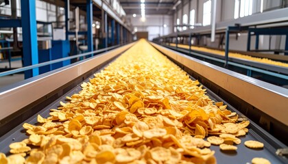 Potato chips production line factory machinery processes snacks efficiently in a large-scale food manufacturing industrial environment.