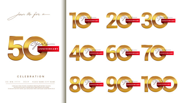 Set of anniversary logotype design with red ribbon and golden color for celebration event, wedding, greeting card, and invitation.