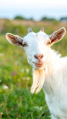Smiling white goat in field